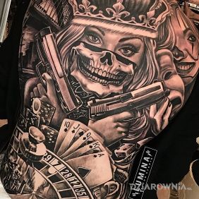 Tatuaż Królowa gangu na plecach motyw: kasyno styl: chicano