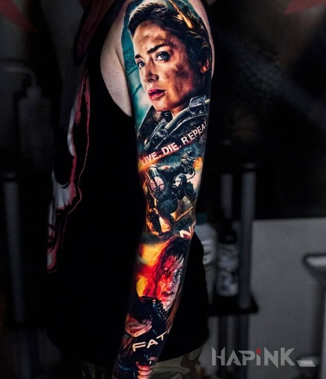 Tattoo Na skraju jutra in sleeves motif and realistic style on the upper arm