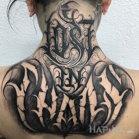 Tattoo Lost in chaos on the nape motif: black and gray style: calligraphy