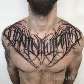 Tattoo Born in winter on the chest motif: criminal lettering style: calligraphy