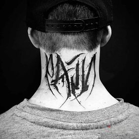 Tattoo Pain on the nape motif: criminal lettering style: calligraphy