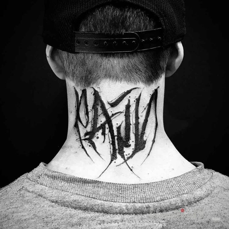 Tattoo Pain in criminal lettering motif and calligraphy style on the nape