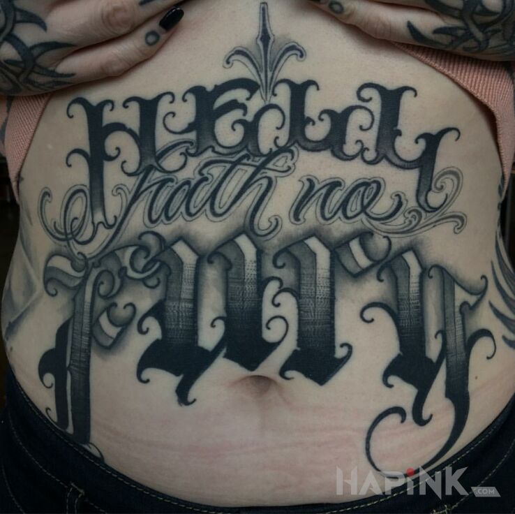 Tattoo Hell hath no furry in black and gray motif and chicano style on the stomach
