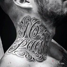 Tattoo No pain on the neck motif: black and gray style: calligraphy