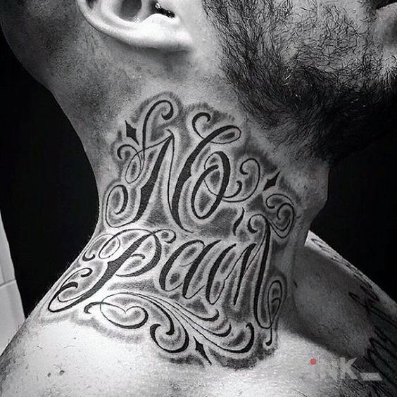 Tattoo No pain in lettering motif and calligraphy style on the neck