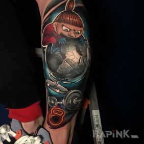 Tattoo Crossfit on the calf motif: characters style: cartoon / comic book