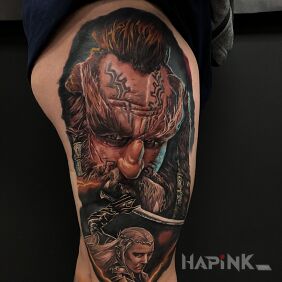 Tattoo Dain on the leg motif: characters style: realistic