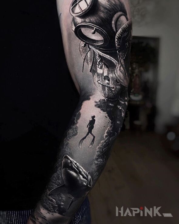 Tattoo Nurek in black and gray motif and realistic style on the forearm