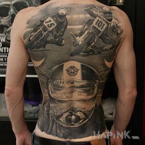 Tattoo Motors on the shoulder blades motif: black and gray style: realistic