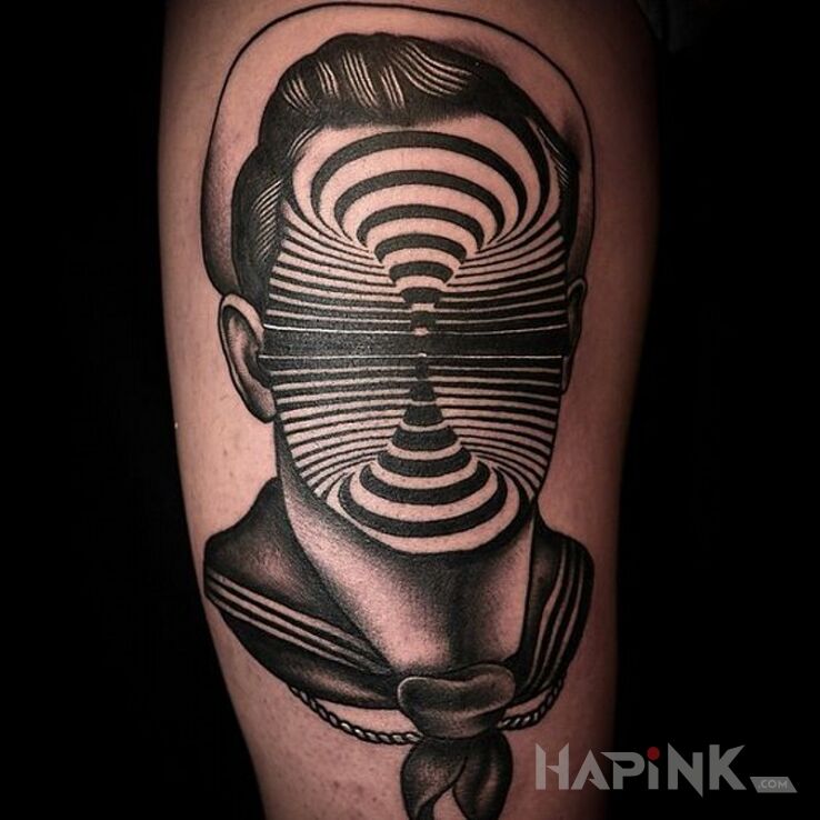 Tattoo No face in black and gray motif and graphic / illustrative style on the upper arm