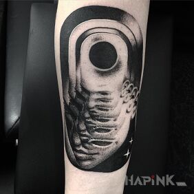 Tattoo Inception on the forearm motif: black and gray style: optical illusion