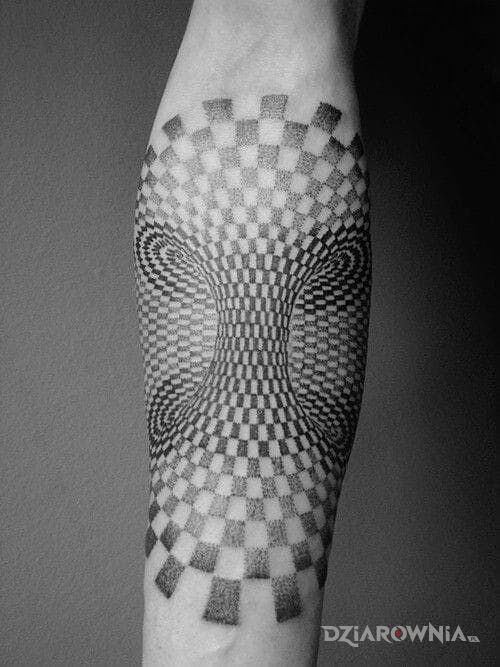 Tatuaż ilusion w motywie 3D i stylu dotwork na przedramieniu