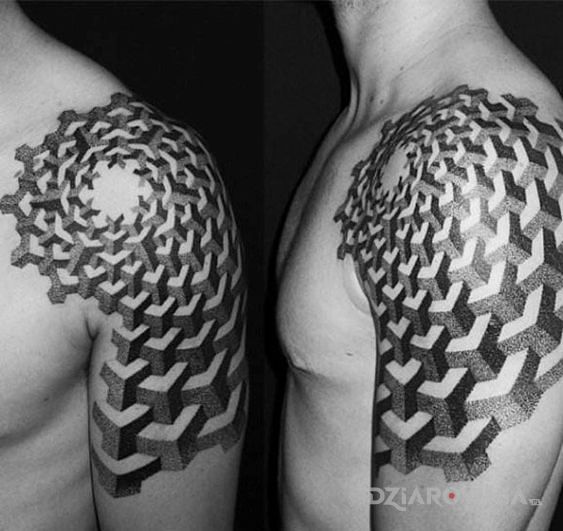 Tatuaż klocki w motywie czarno-szare i stylu iluzja optyczna na ramieniu