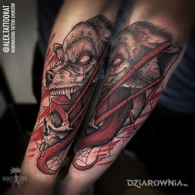 Tatuaż Wilk z czachą na przedramieniu motyw: demony styl: graficzne / ilustracyjne