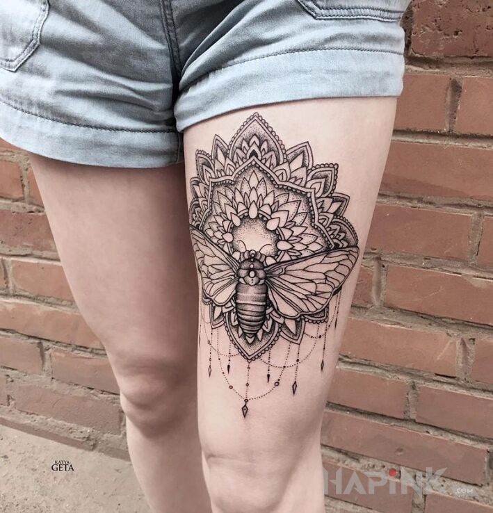 Tattoo Mandala i cykada in animals motif on the leg