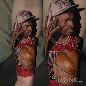 Tattoo Basketball on the forearm motif: colorful style: realistic