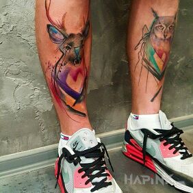 Tattoo Deer & Owl on the leg motif: animals