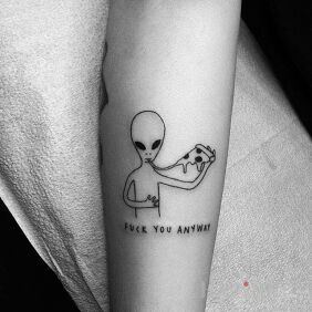 Tattoo Fuck you anyway on the forearm motif: lettering style: ignorant