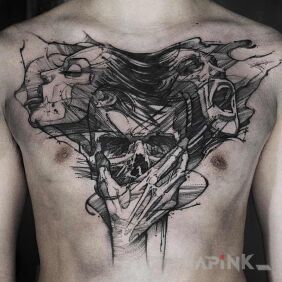 Tattoo Split personality on the chest motif: dark style: sketch