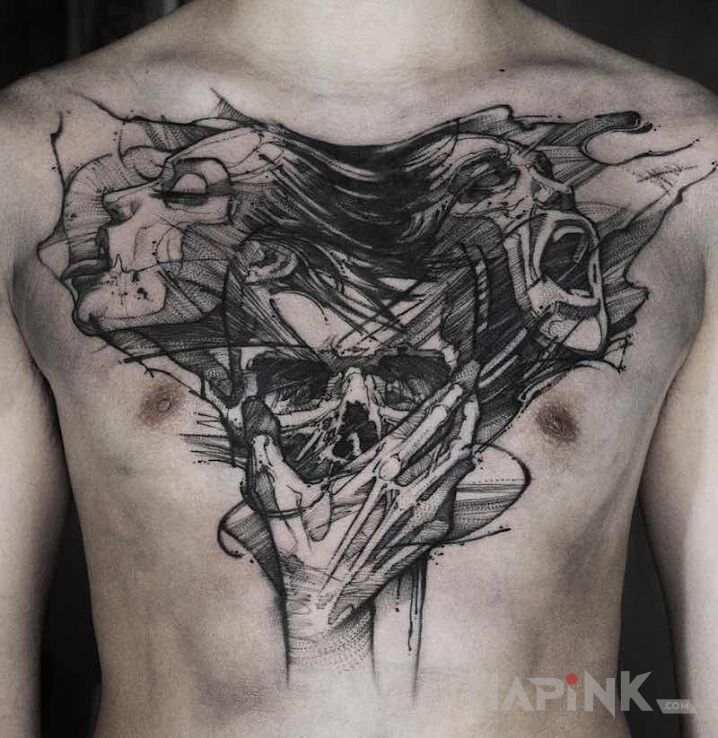 Tattoo Rozdwojenie jaźni in black and gray motif and sketch style on the stomach