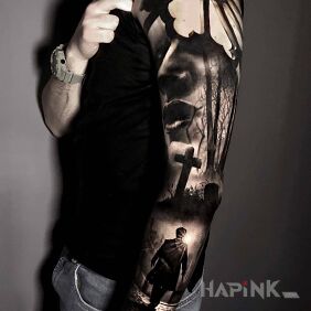 Tattoo Cemetery on the forearm motif: black and gray style: realistic
