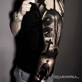 Tatuaż Cmentarz na ramieniu motyw: rękawy styl: realistyczne