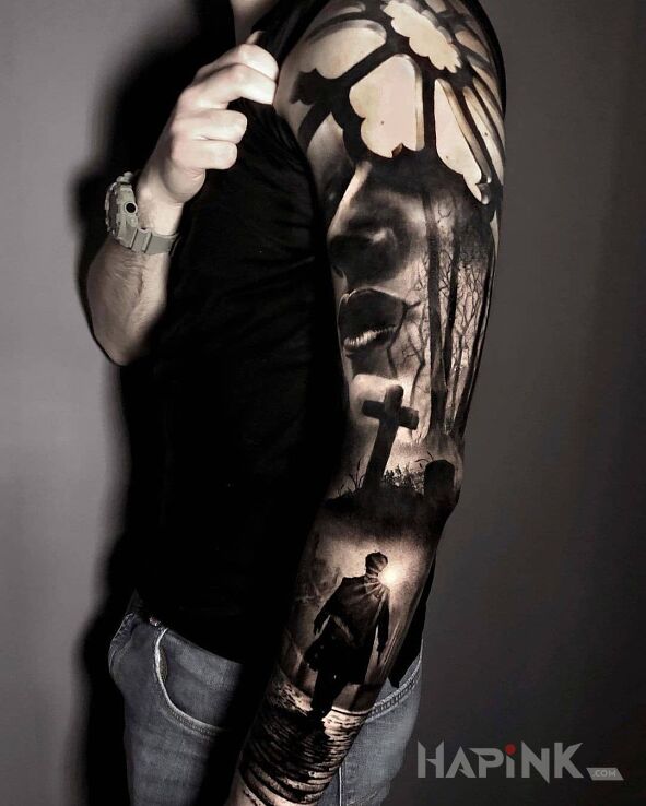 Tattoo Cmentarz in 3D motif and realistic style on the forearm