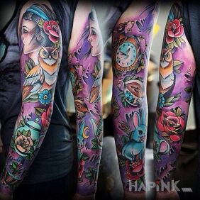 Tattoo Colorful sleeve on the upper arm motif: objects