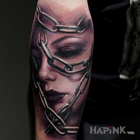 Tattoo Trapped on the forearm motif: characters style: realistic