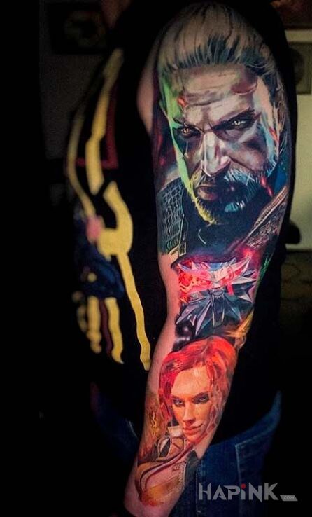 Tattoo Wiedźmin Geralt in 3D motif and realistic style on the forearm