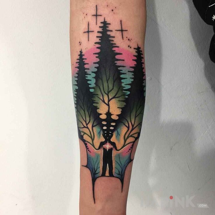 Tattoo Zostań drzewem in other motif and abstract style on the forearm