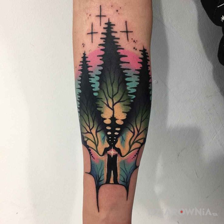 Tatuaż zostań drzewem w motywie kolorowe i stylu abstrakcyjne na przedramieniu