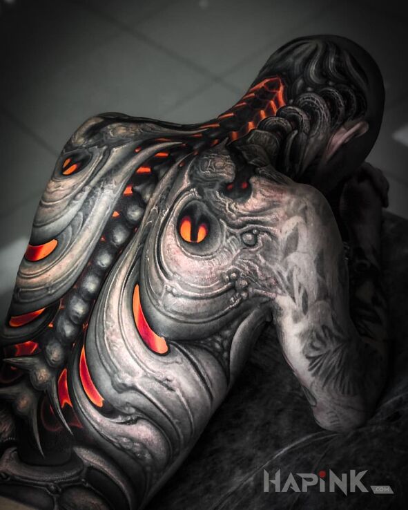 Tattoo Czort in black and gray motif and organic style on the nape