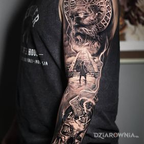 Tatuaż Wejście do Valhalli na przedramieniu motyw: czarno-szare styl: realistyczne
