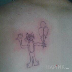 Tattoo Cat with balloons on the back motif: failed