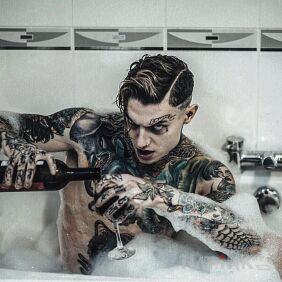 Tattoo With wine in the bathtub on the chest motif: other style: oldschool