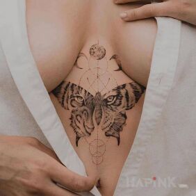 Tattoo Tiger butterfly underboob motif: butterflies style: graphic / illustrative