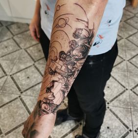 Tattoo Astronomy planets on the forearm motif: cosmos style: graphic / illustrative