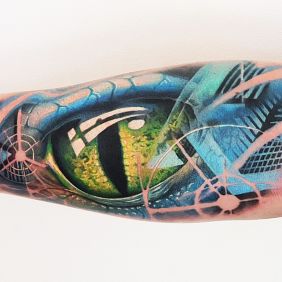 Tattoo Eye on the forearm motif: 3D style: realistic