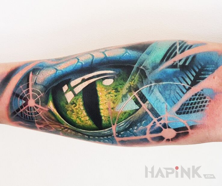 Tattoo Eye in fantasy motif and realistic style on the forearm