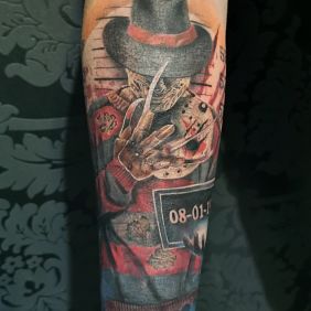 Tattoo Freddy Krueger on the forearm motif: colorful style: realistic