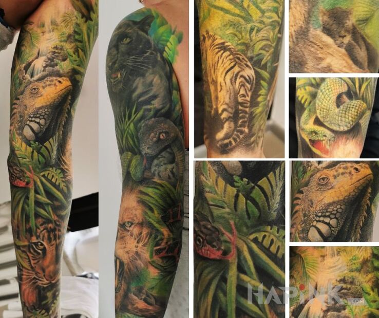 Tattoo Jungle in 3D motif and realistic style on the upper arm