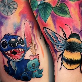 Tattoo Lilo and Stitch on the forearm motif: colorful style: Watercolor