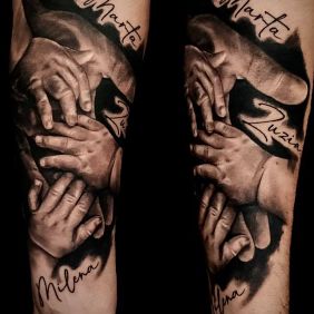 Tattoo Family hands on the forearm motif: 3D style: realistic