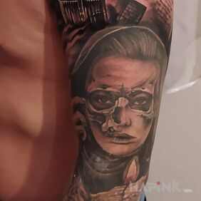 Tattoo Sleeve with Jack the Ripper theme on the forearm motif: characters style: realistic