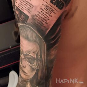 Tattoo Sleeve with Jack the Ripper theme on the forearm motif: sleeves style: realistic