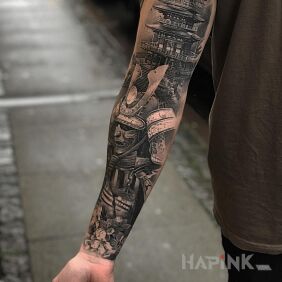 Tattoo Samurai on the upper arm motif: 3D style: realistic