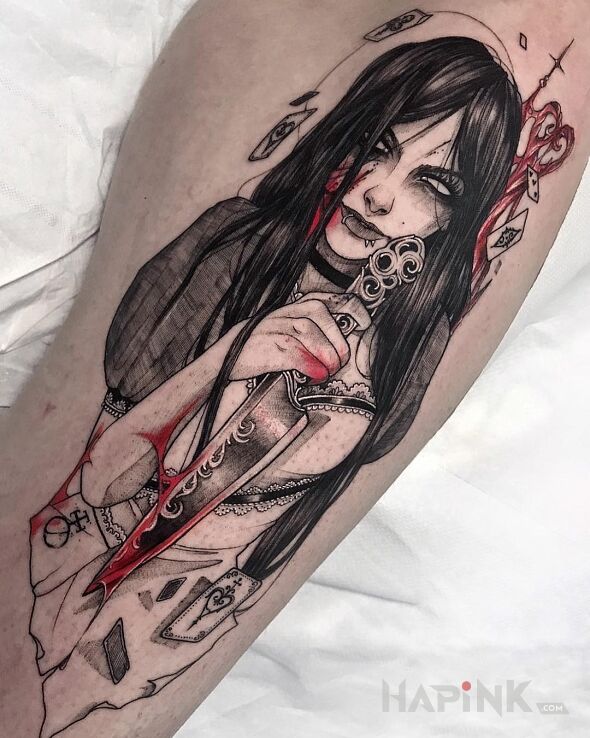 Tattoo Mroczna Alicja in faces motif and graphic / illustrative style on the calf
