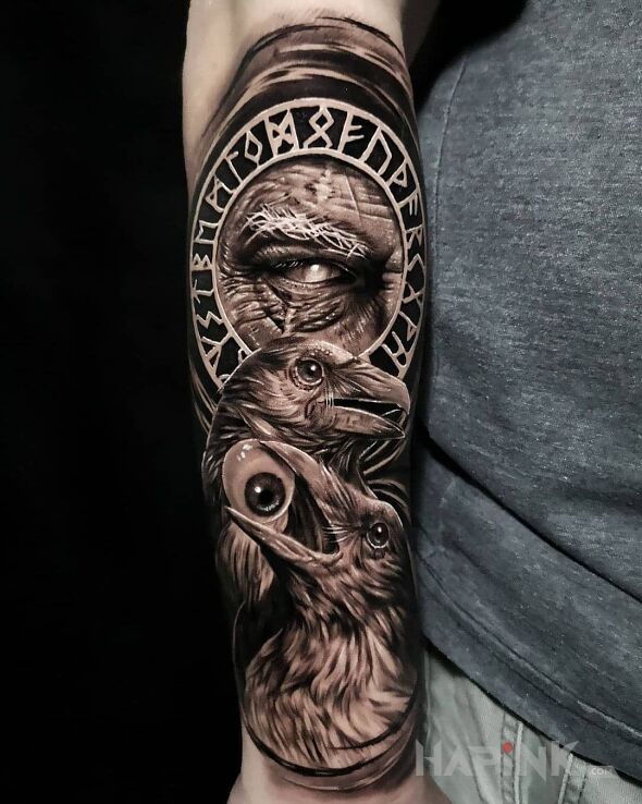Tattoo Oślepiony Odyn in 3D motif and realistic style on the forearm