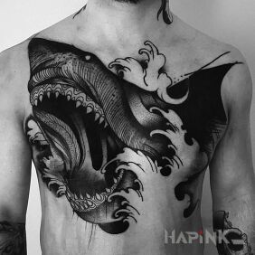 Tattoo Black shark on the chest motif: animals style: blackwork / blackout